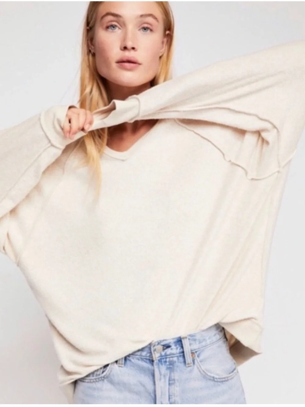 Free People Take It Off Pullover Sweatshirt oatmeal light tan sweater vneck
